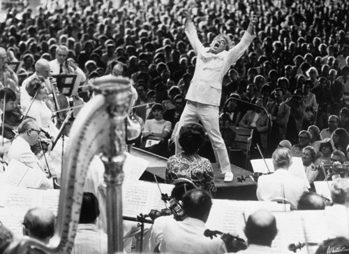08 Jul 1970, Lenox, Massachusetts, USA --- Conductor Leonard Bernstein at the climax of Mahler's symphony performed by the Boston Symphony in Lenox, Massachusetts. --- Image by © Bettmann/CORBIS